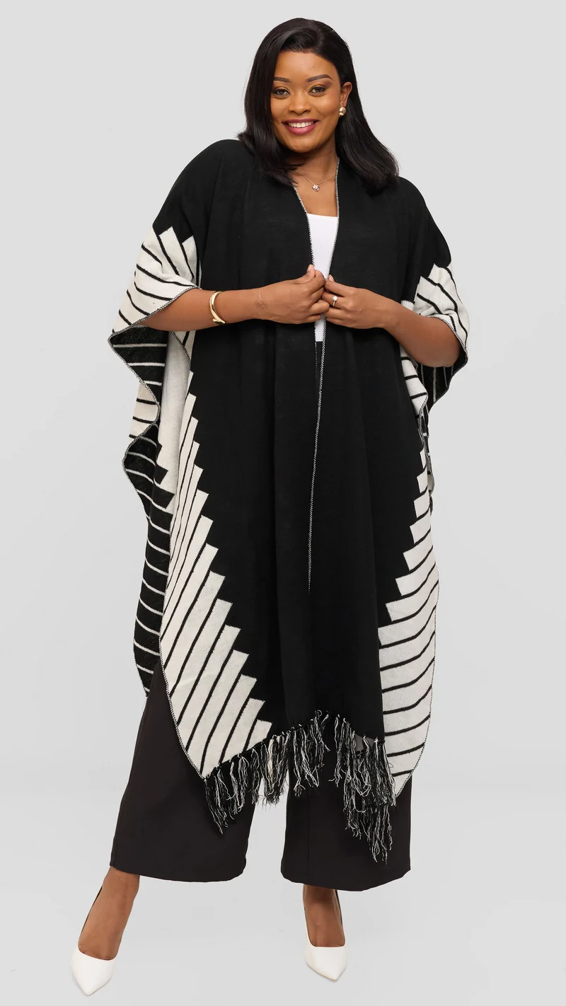 Vivo 2 Tone Border Wrap Poncho - Black / Off White