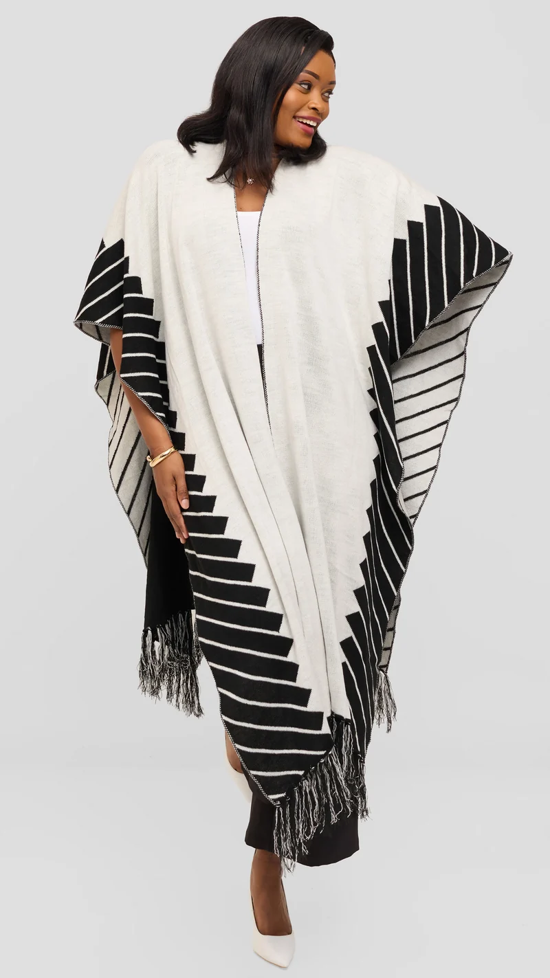 Vivo 2 Tone Border Wrap Poncho - Black / Off White