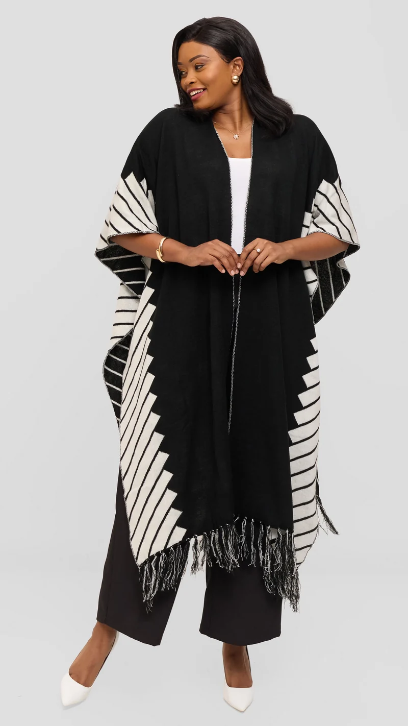 Vivo 2 Tone Border Wrap Poncho - Black / Off White