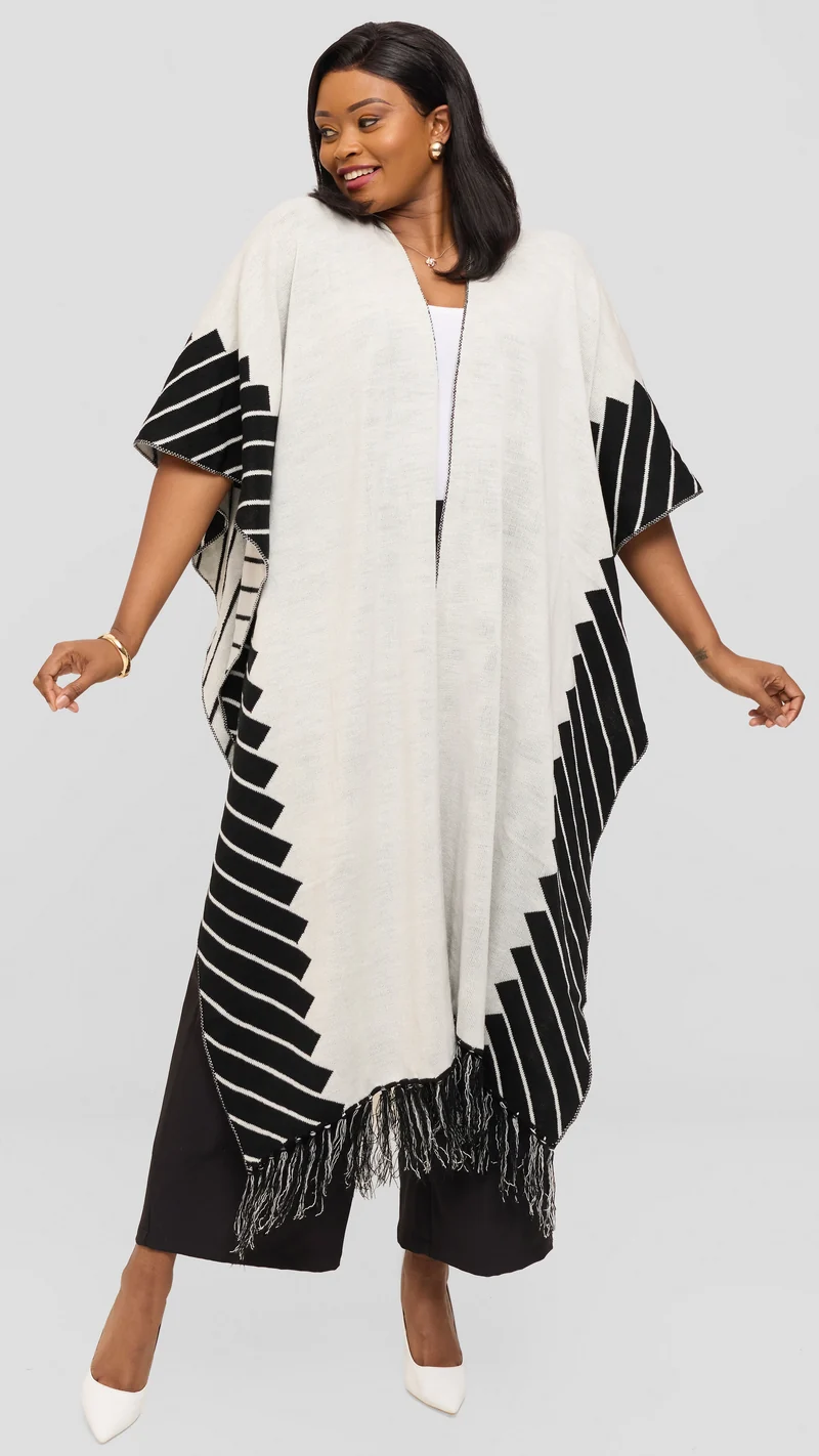 Vivo 2 Tone Border Wrap Poncho - Black / Off White