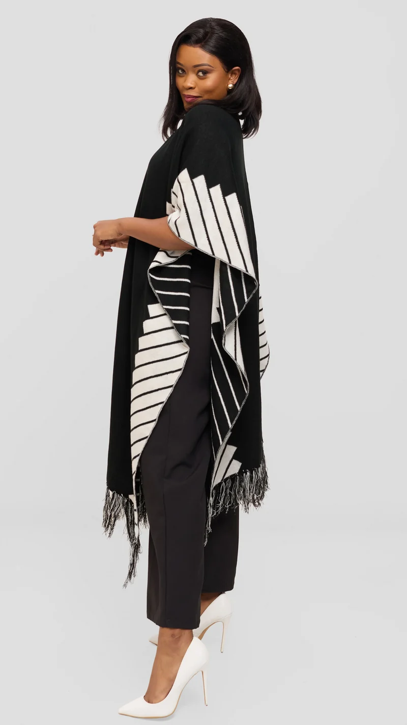 Vivo 2 Tone Border Wrap Poncho - Black / Off White