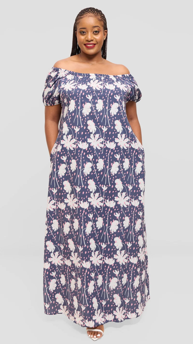 Vivo Off Shoulder Maxi Dress in Cotton - Navy Multicolor Print