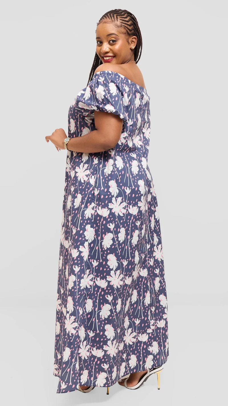 Vivo Off Shoulder Maxi Dress in Cotton - Navy Multicolor Print