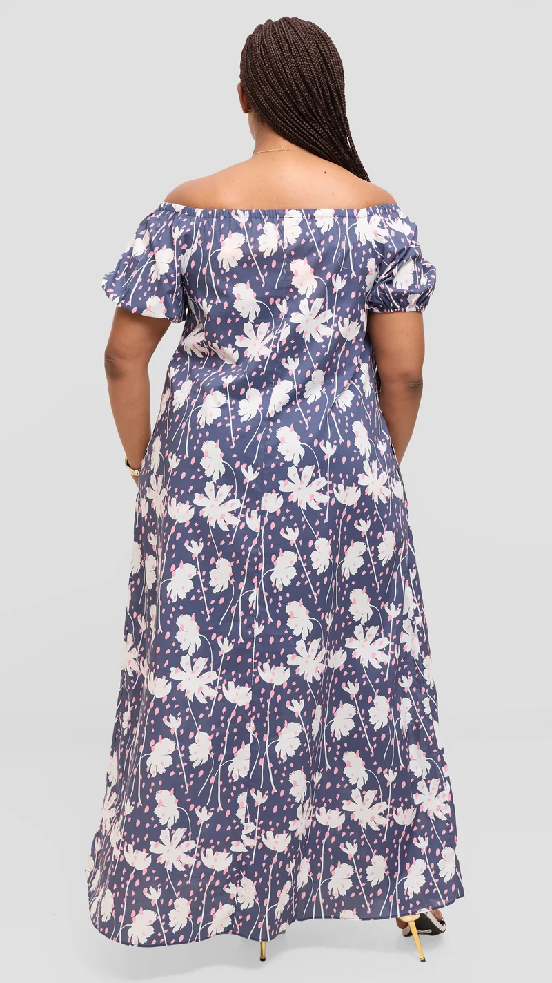Vivo Off Shoulder Maxi Dress in Cotton - Navy Multicolor Print