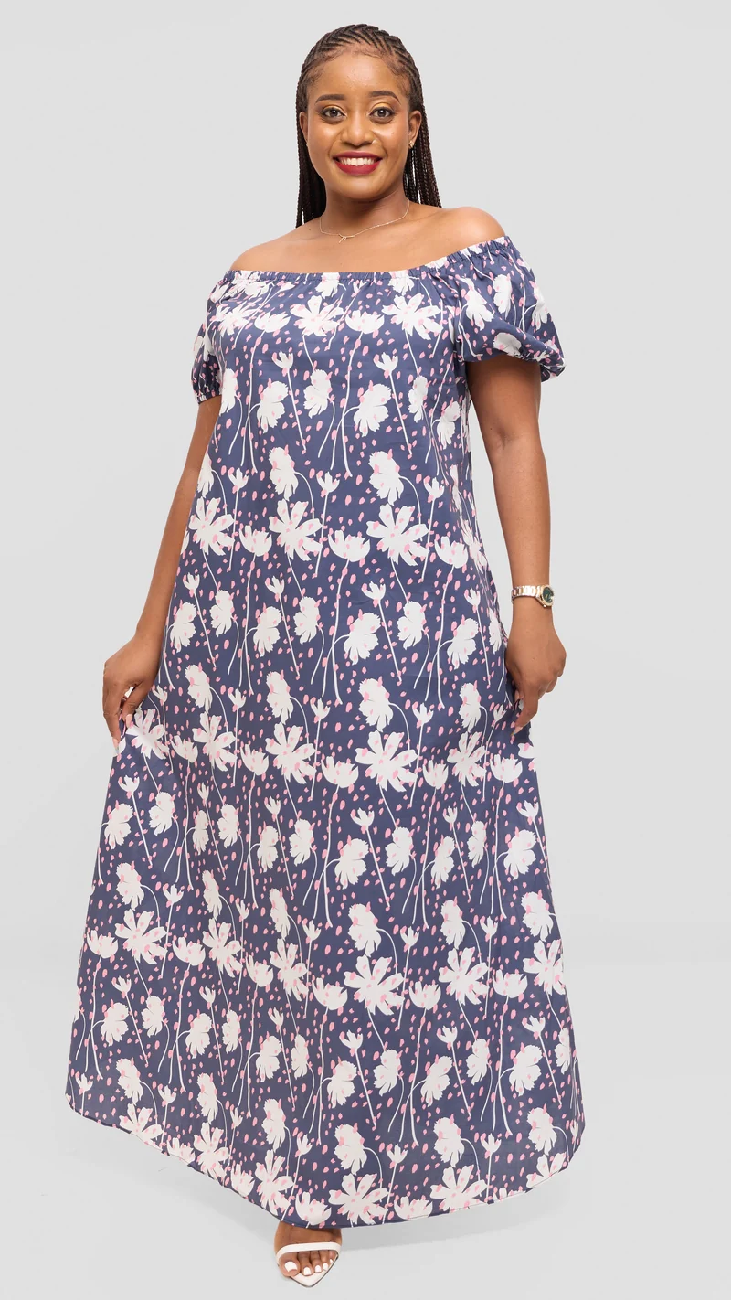 Vivo Off Shoulder Maxi Dress in Cotton - Navy Multicolor Print