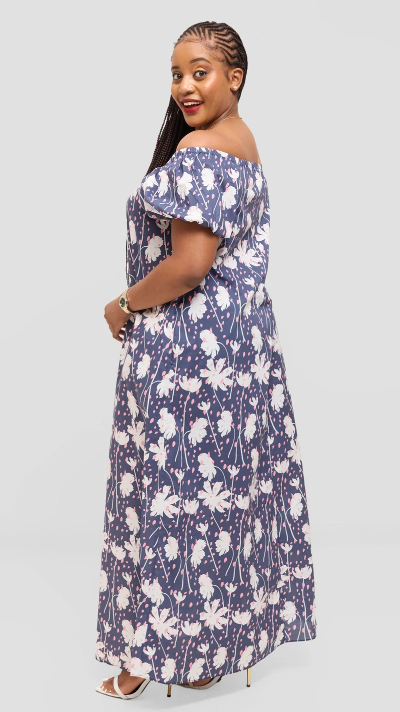 Vivo Off Shoulder Maxi Dress in Cotton - Navy Multicolor Print