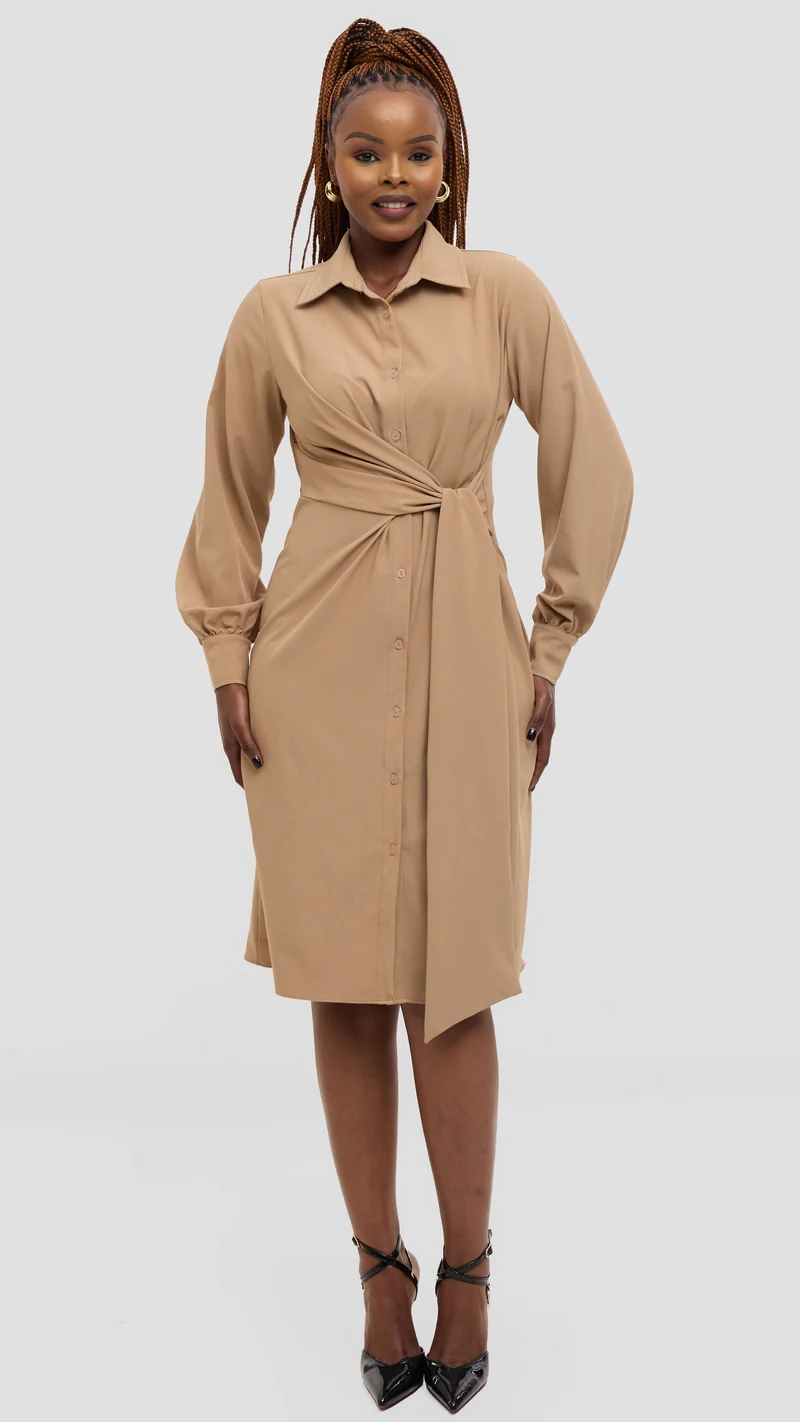 Vivo Long Sleeve Tie Dress in Crepe - Taupe