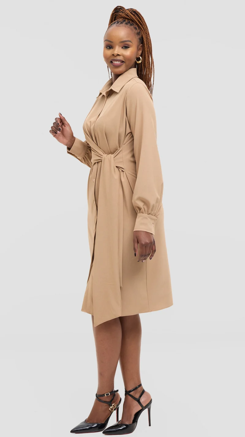 Vivo Long Sleeve Tie Dress in Crepe - Taupe