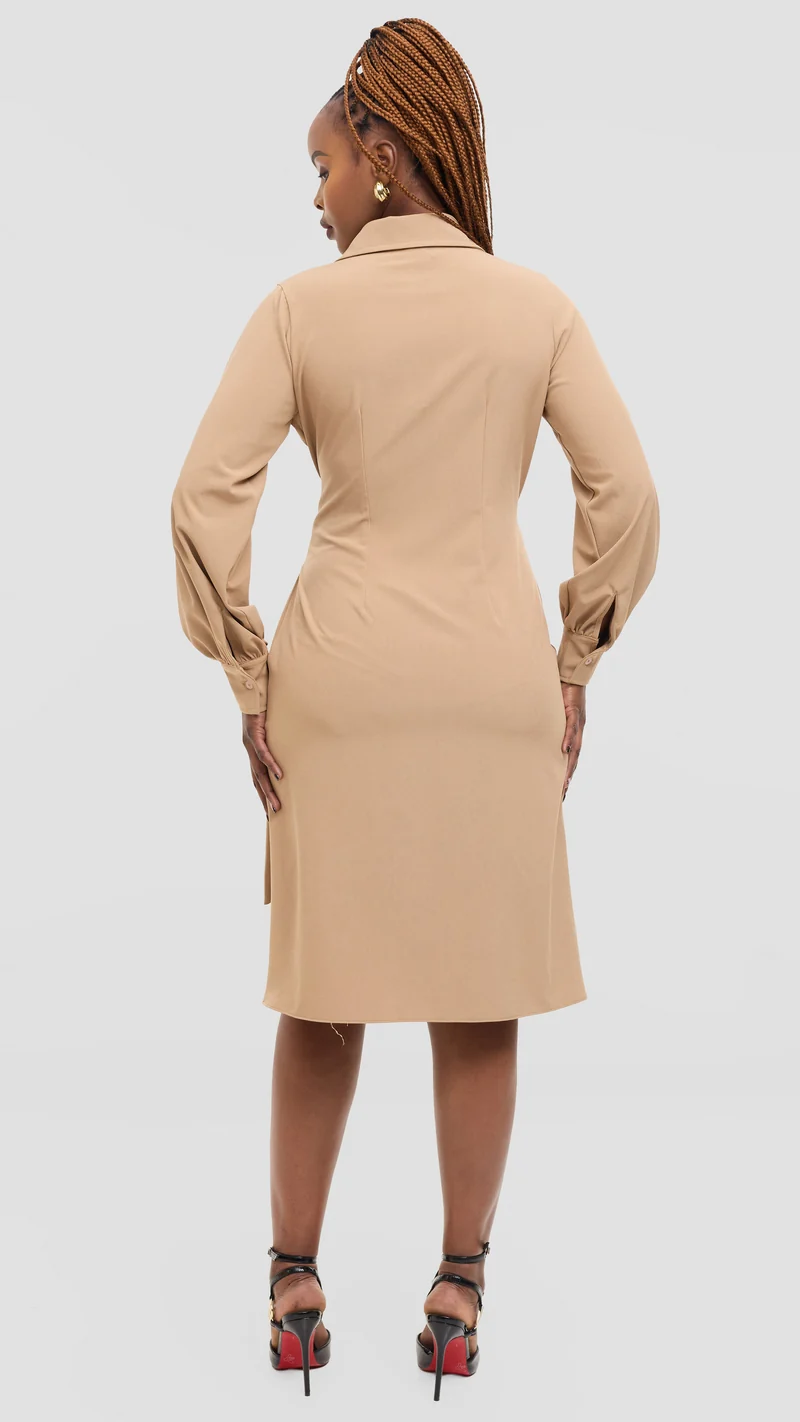 Vivo Long Sleeve Tie Dress in Crepe - Taupe