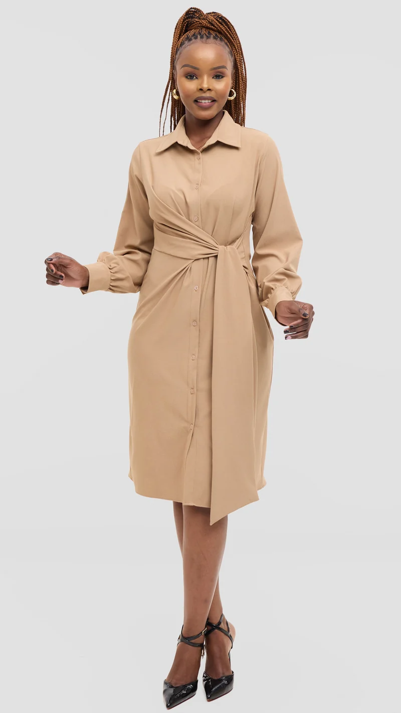Vivo Long Sleeve Tie Dress in Crepe - Taupe