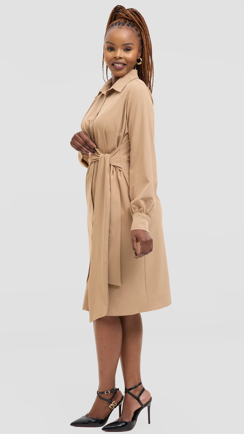 Vivo Long Sleeve Tie Dress in Crepe - Taupe