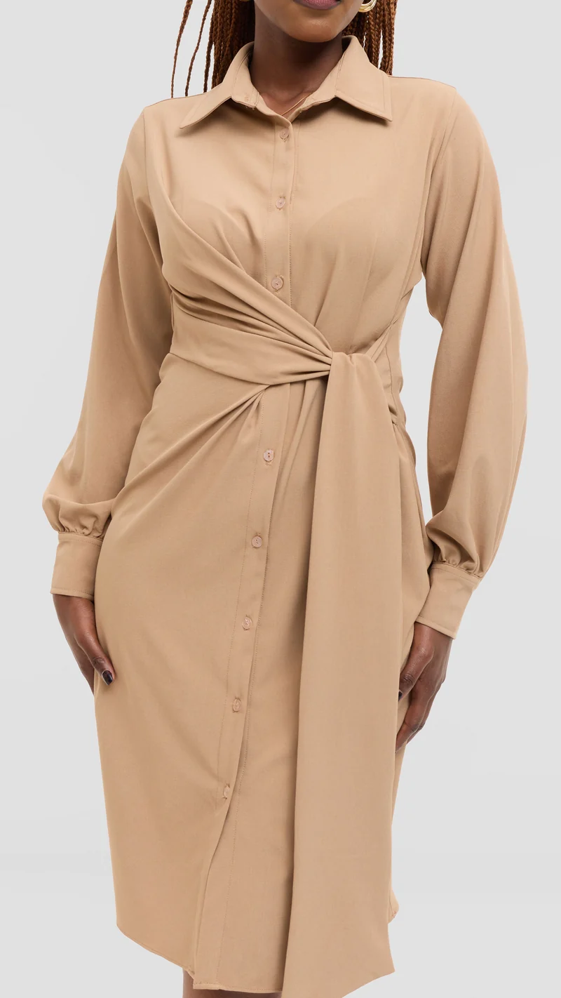 Vivo Long Sleeve Tie Dress in Crepe - Taupe