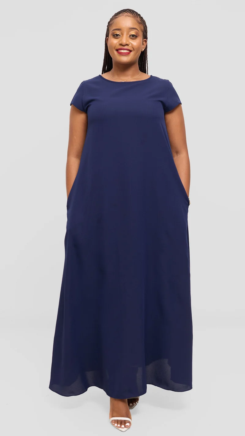 Vivo Basic Cap Sleeve Maxi Dress in Chiffon - Navy