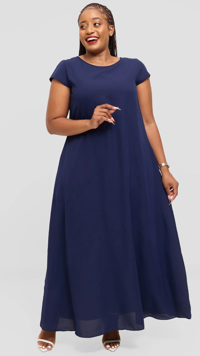 Vivo Basic Cap Sleeve Maxi Dress in Chiffon - Navy