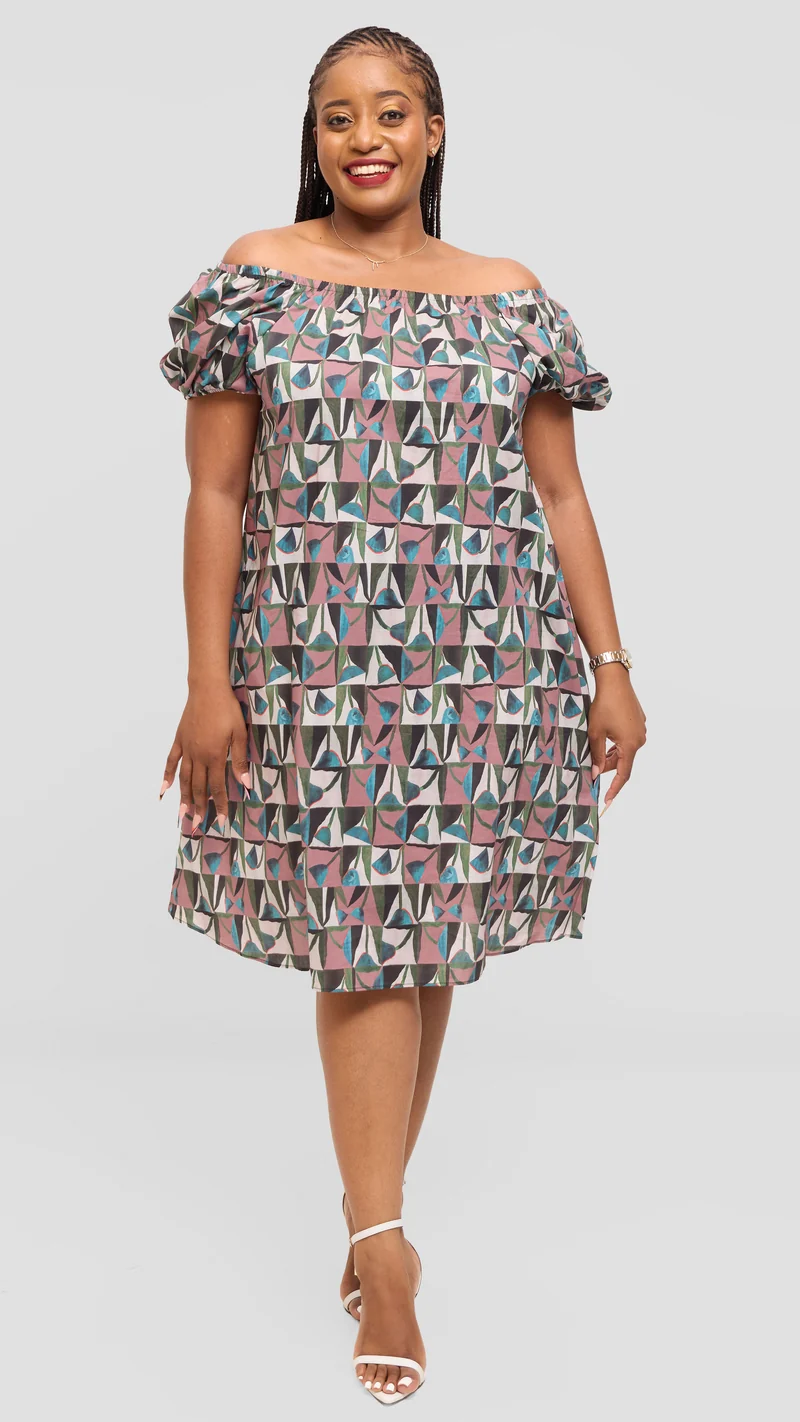Vivo Off Shoulder Dress in Print Cotton - Dusty Pink Multicolor