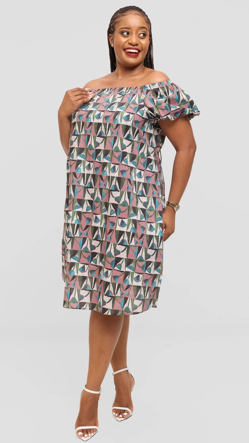 Vivo Off Shoulder Dress in Print Cotton - Dusty Pink Multicolor