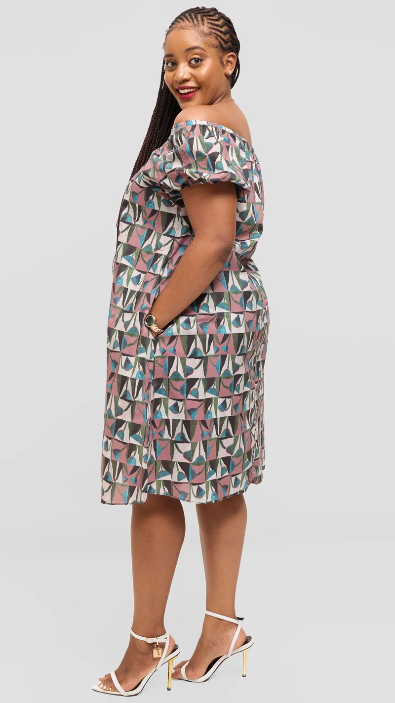 Vivo Off Shoulder Dress in Print Cotton - Dusty Pink Multicolor