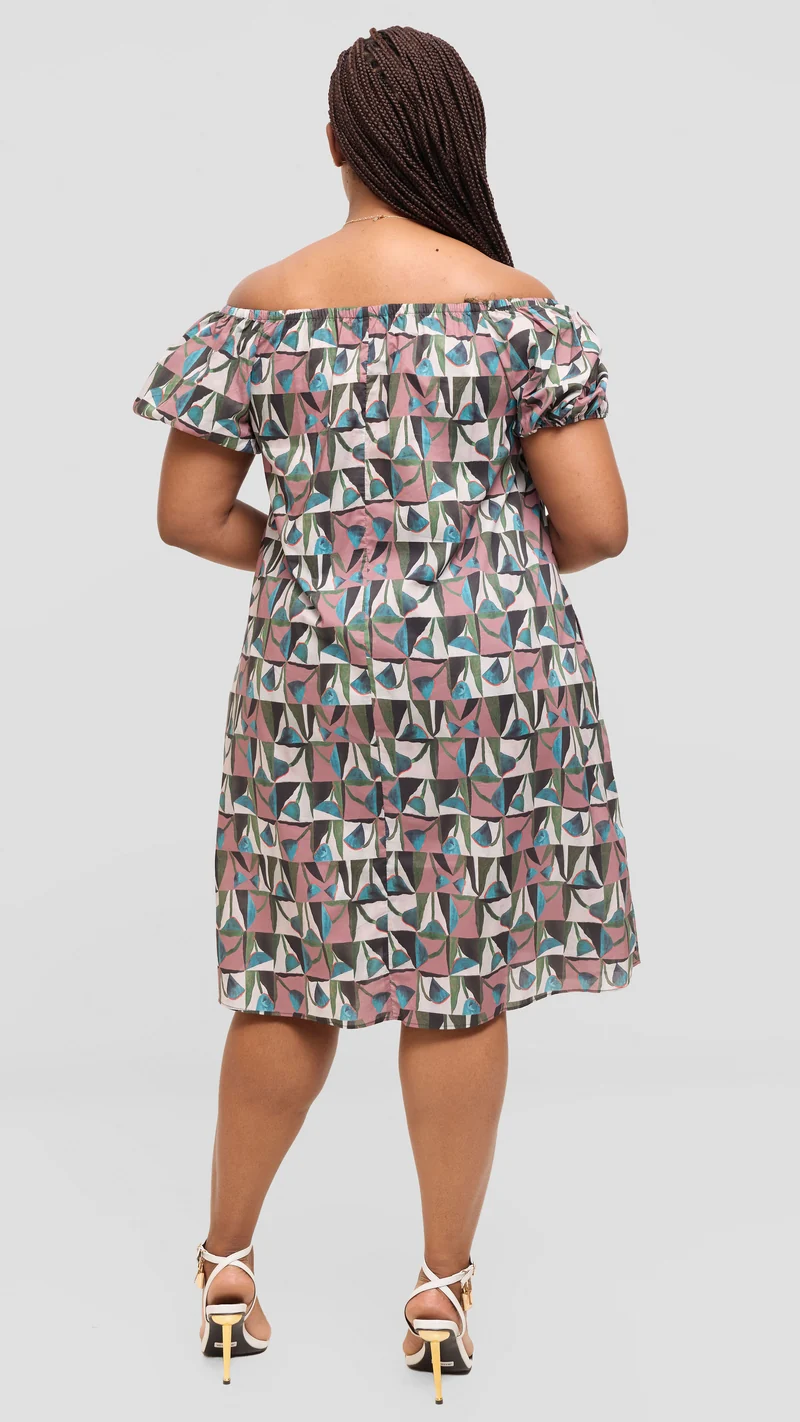 Vivo Off Shoulder Dress in Print Cotton - Dusty Pink Multicolor