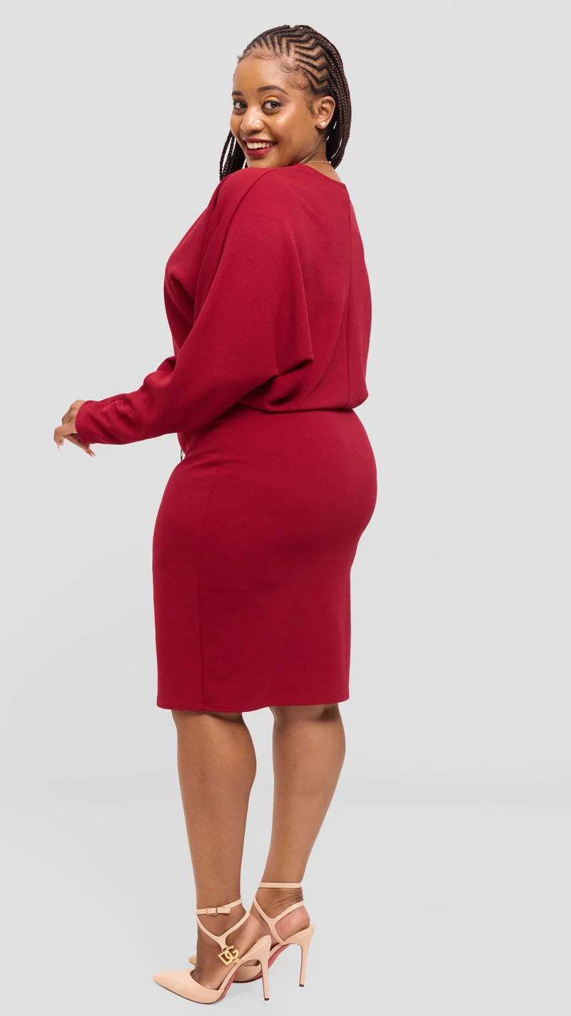 Vivo V-Neck Dress in Stretch Rib - Maroon