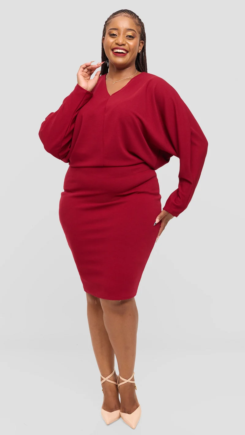 Vivo V-Neck Dress in Stretch Rib - Maroon