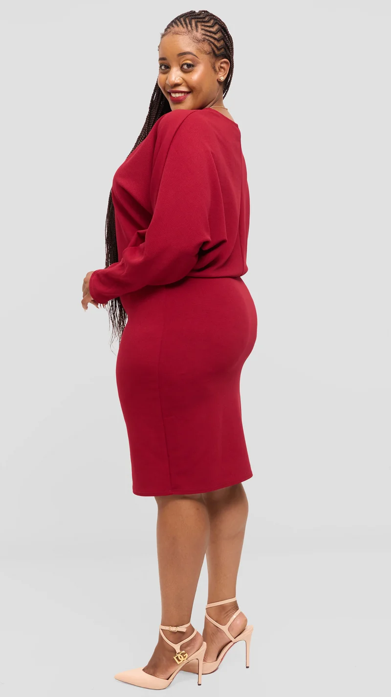 Vivo V-Neck Dress in Stretch Rib - Maroon