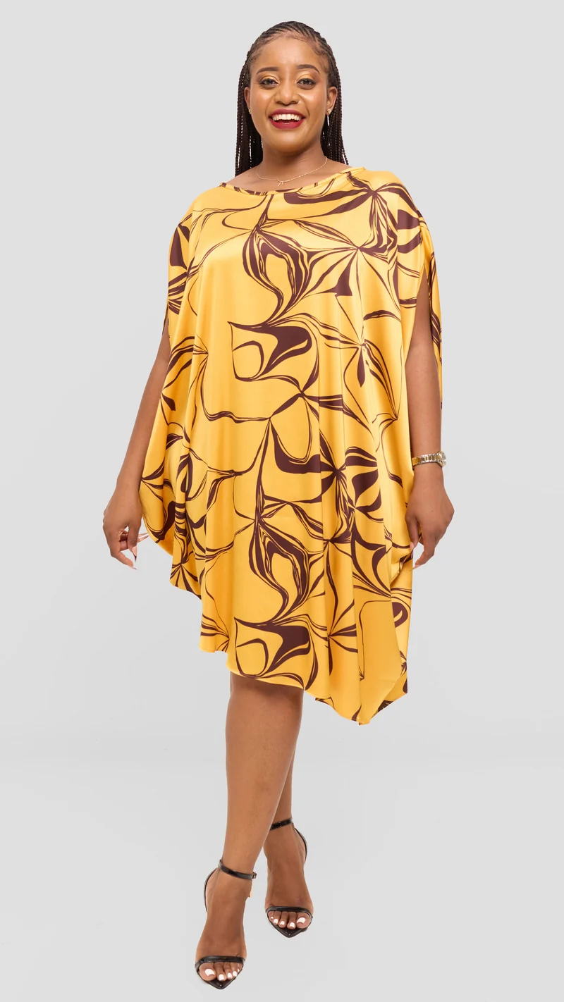 Vivo Asymmetrical Dolman Dress in Satin - Mustard / Brown Arah Print