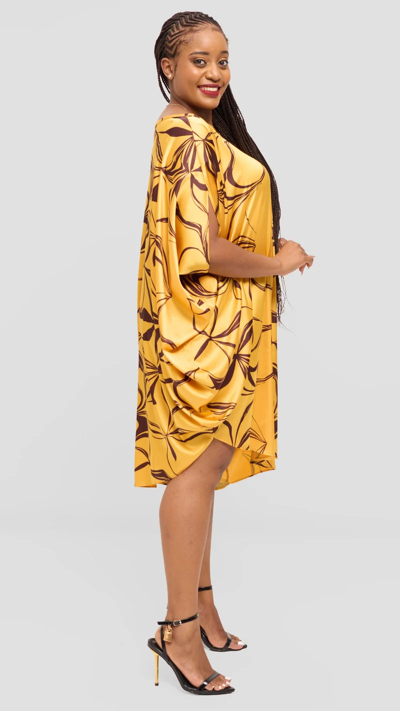 Vivo Asymmetrical Dolman Dress in Satin - Mustard / Brown Arah Print
