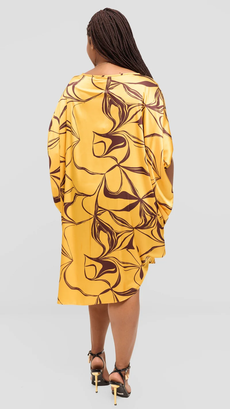 Vivo Asymmetrical Dolman Dress in Satin - Mustard / Brown Arah Print