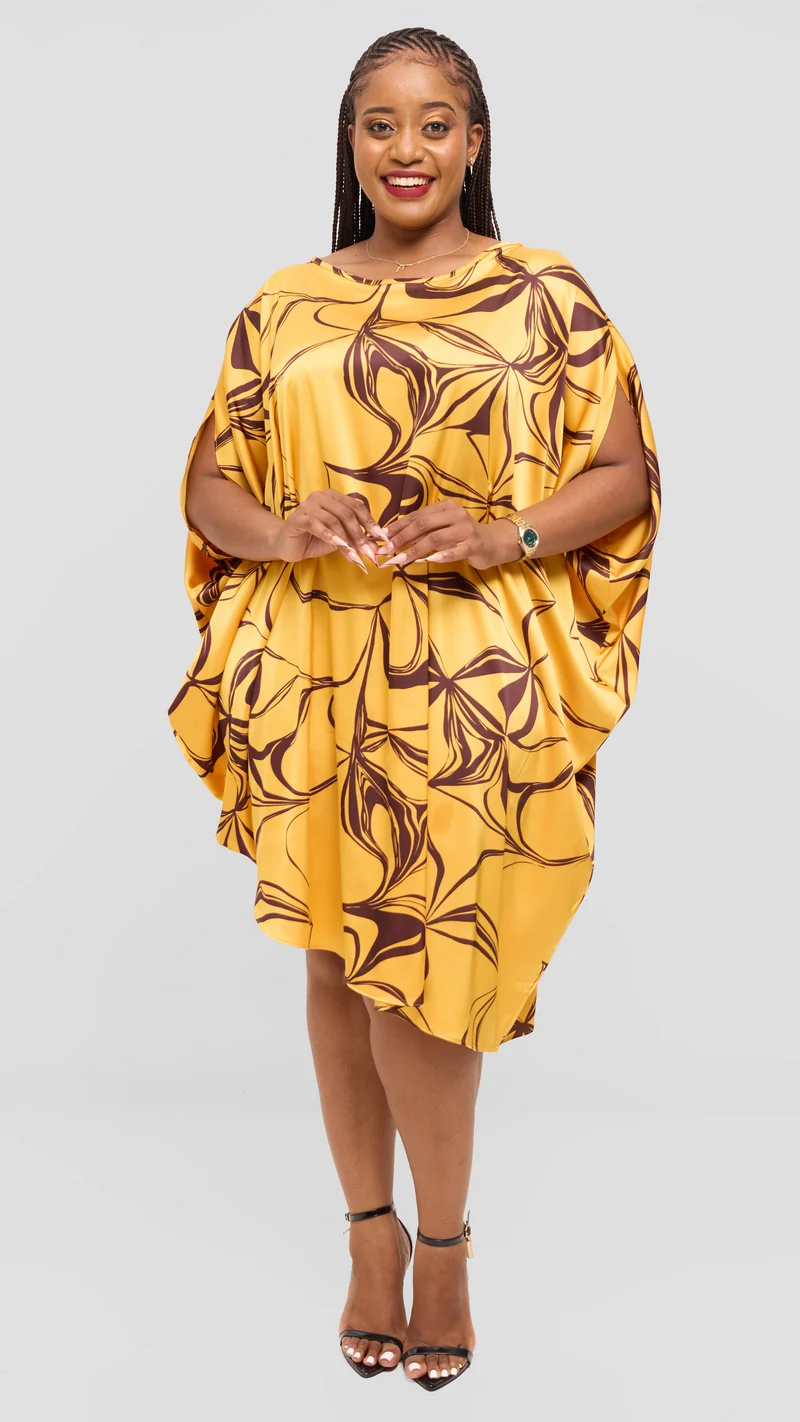 Vivo Asymmetrical Dolman Dress in Satin - Mustard / Brown Arah Print