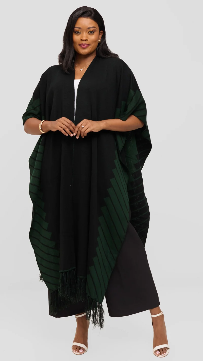 Vivo 2 Tone Border Wrap Poncho - Black / Dark Green