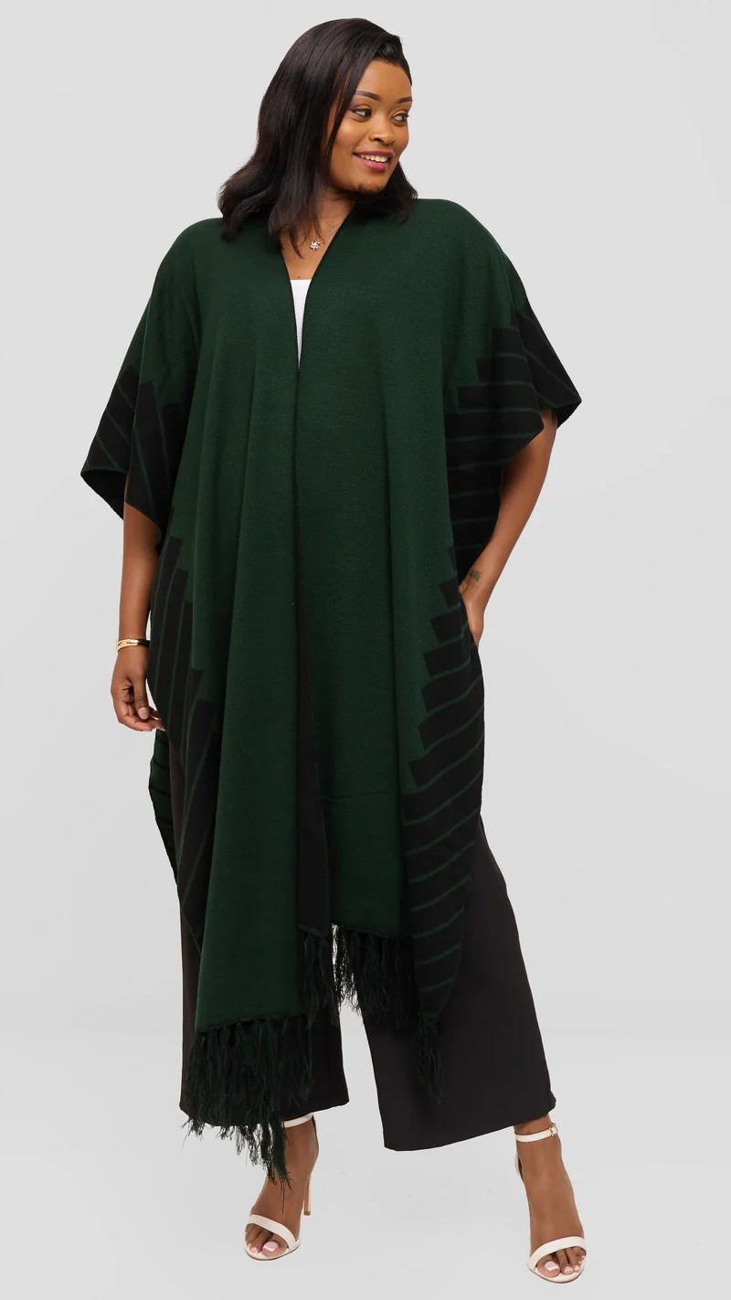 Vivo 2 Tone Border Wrap Poncho - Black / Dark Green