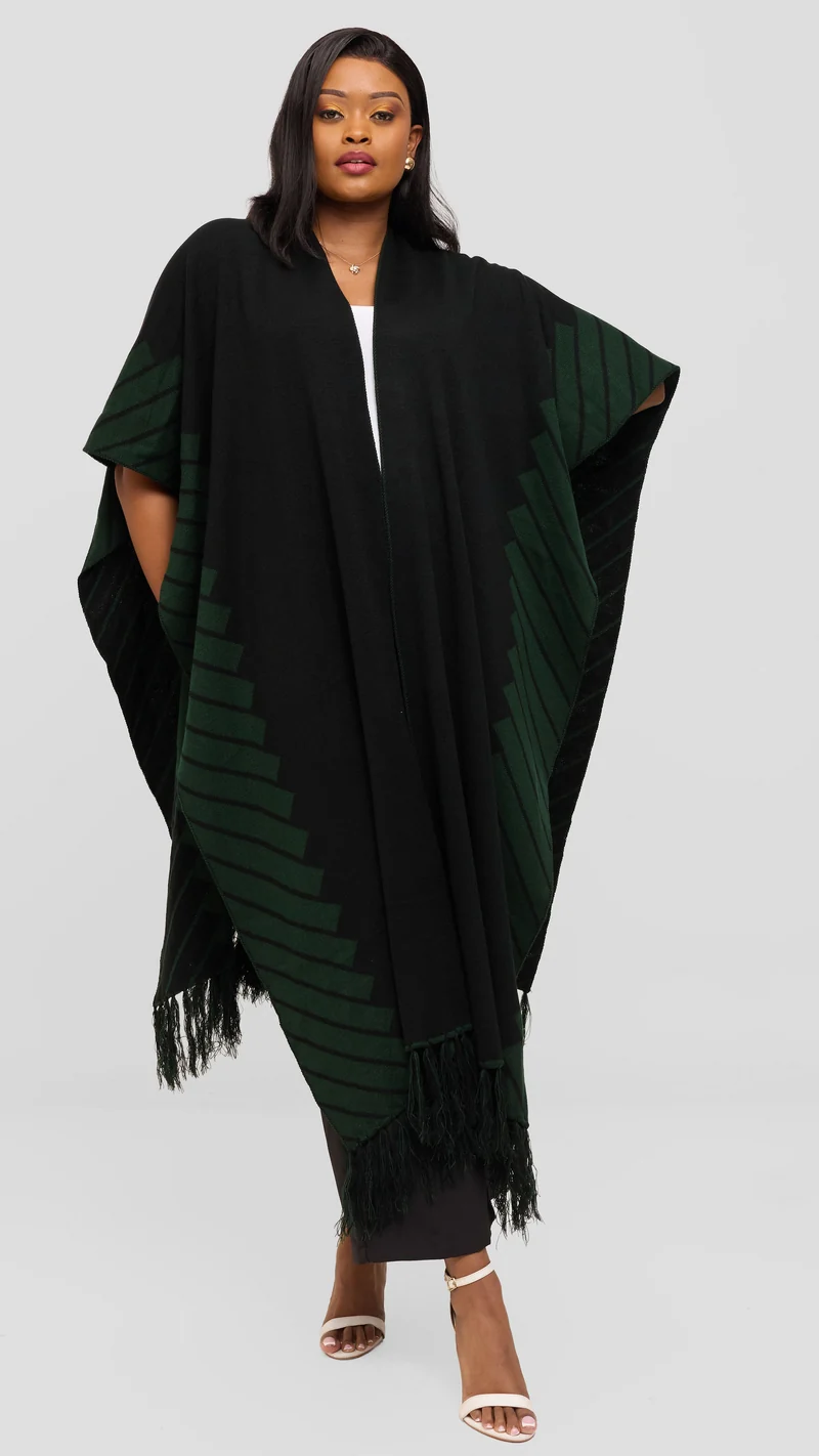 Vivo 2 Tone Border Wrap Poncho - Black / Dark Green
