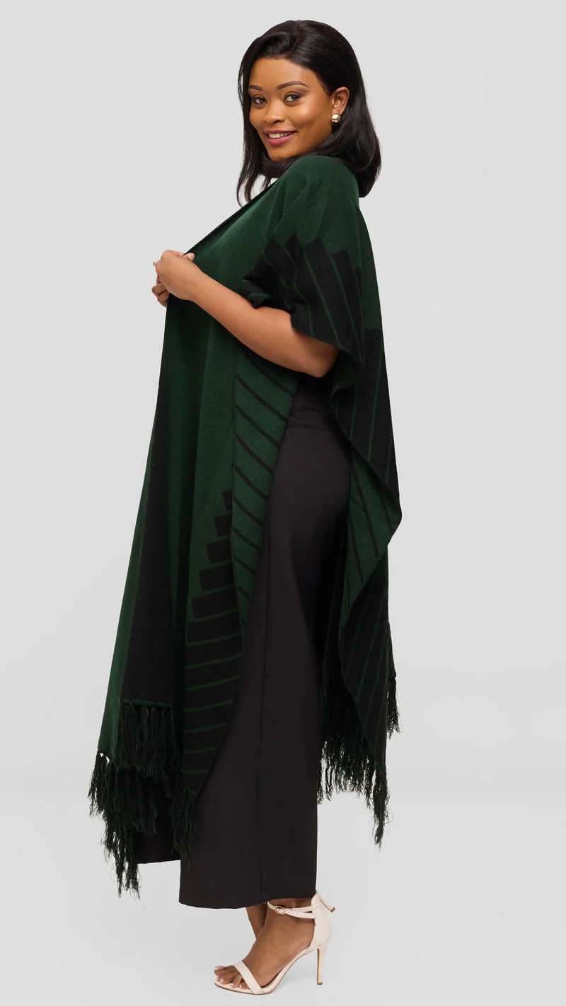 Vivo 2 Tone Border Wrap Poncho - Black / Dark Green