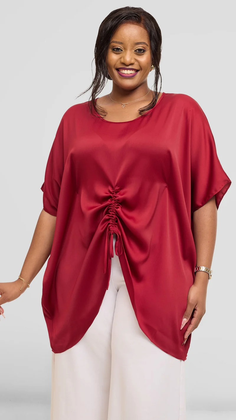 Vivo Ruched Maxi Top in Textured Satin - Dark Red