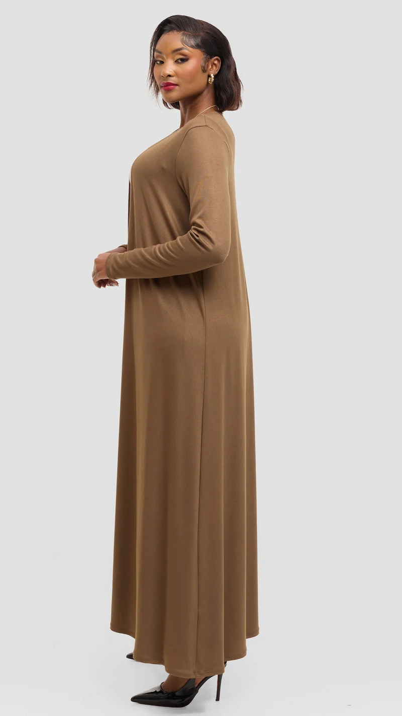 Vivo Long Sleeve Maxi Waterfall in Jersey - Dark Tan