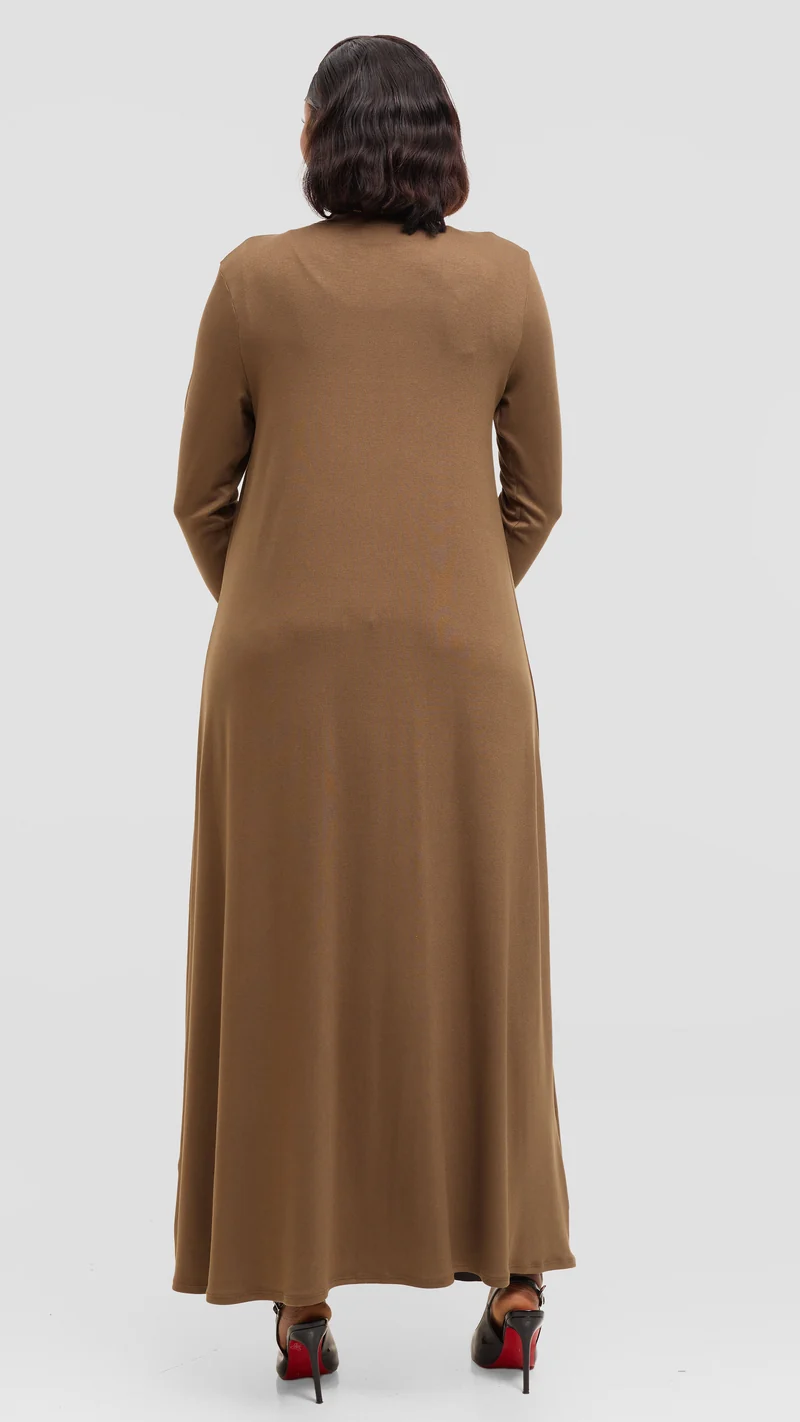 Vivo Long Sleeve Maxi Waterfall in Jersey - Dark Tan