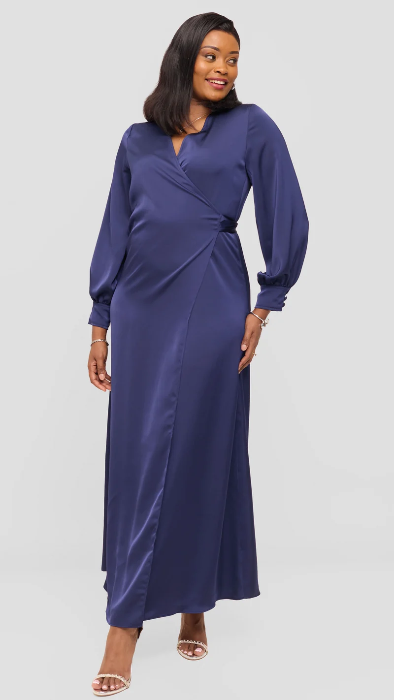 Vivo Maxi Wrap Dress in Satin - Navy