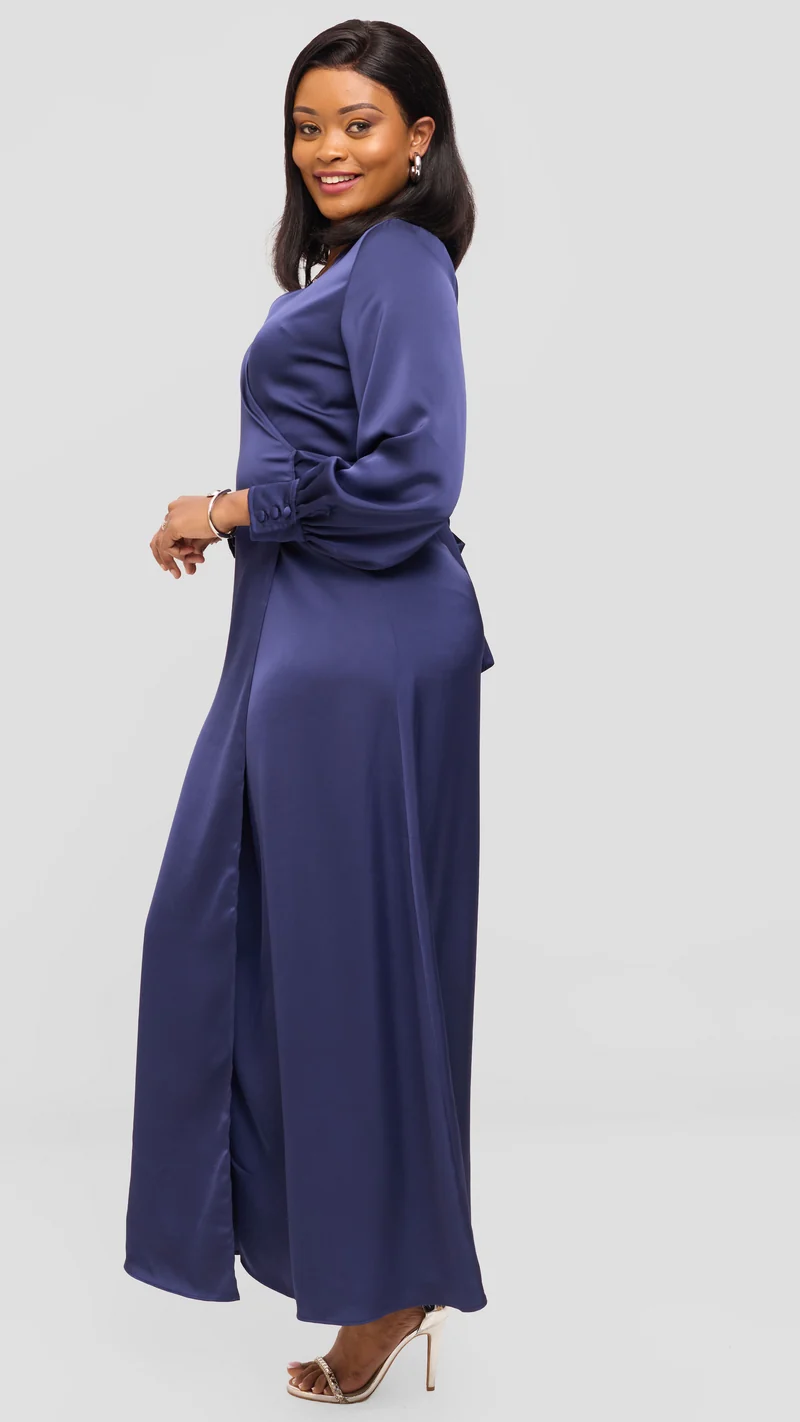 Vivo Maxi Wrap Dress in Satin - Navy