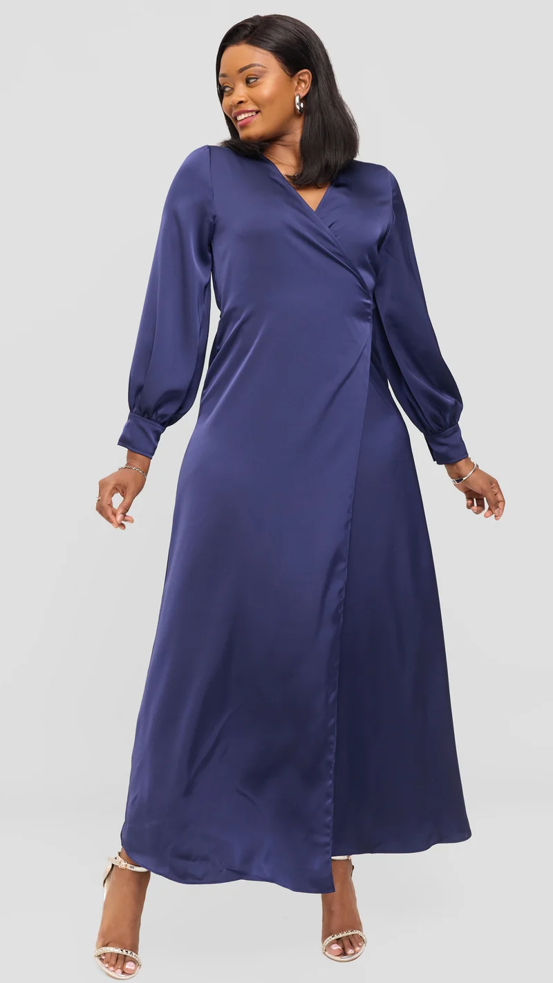 Vivo Maxi Wrap Dress in Satin - Navy