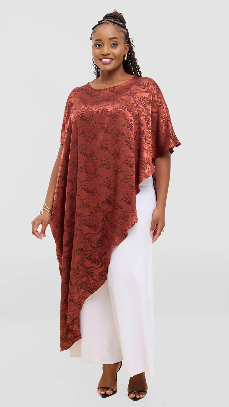 Vivo Liora Asymmetrical Kaftan Top in Satin - Rust Textured Print