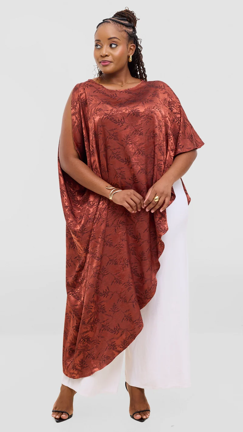 Vivo Liora Asymmetrical Kaftan Top in Satin - Rust Textured Print