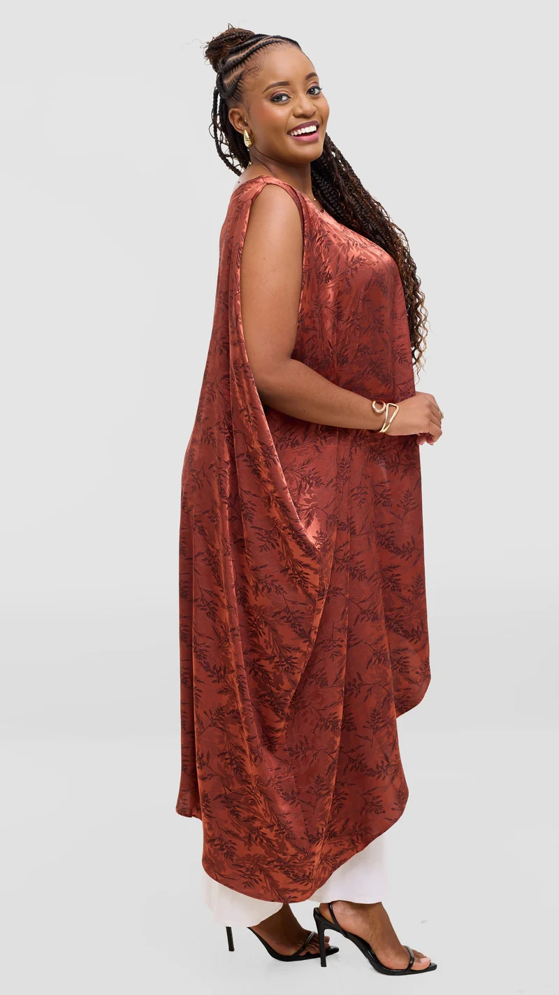 Vivo Liora Asymmetrical Kaftan Top in Satin - Rust Textured Print