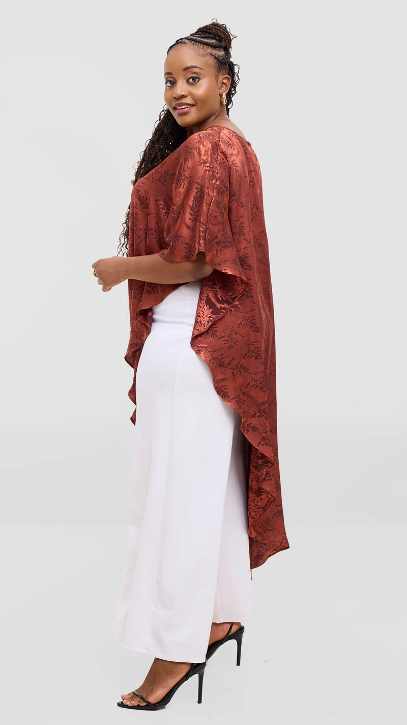 Vivo Liora Asymmetrical Kaftan Top in Satin - Rust Textured Print