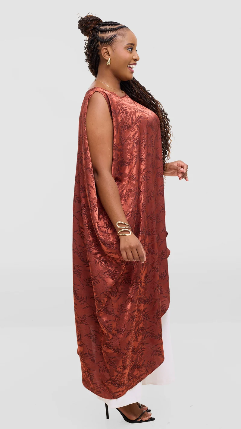Vivo Liora Asymmetrical Kaftan Top in Satin - Rust Textured Print