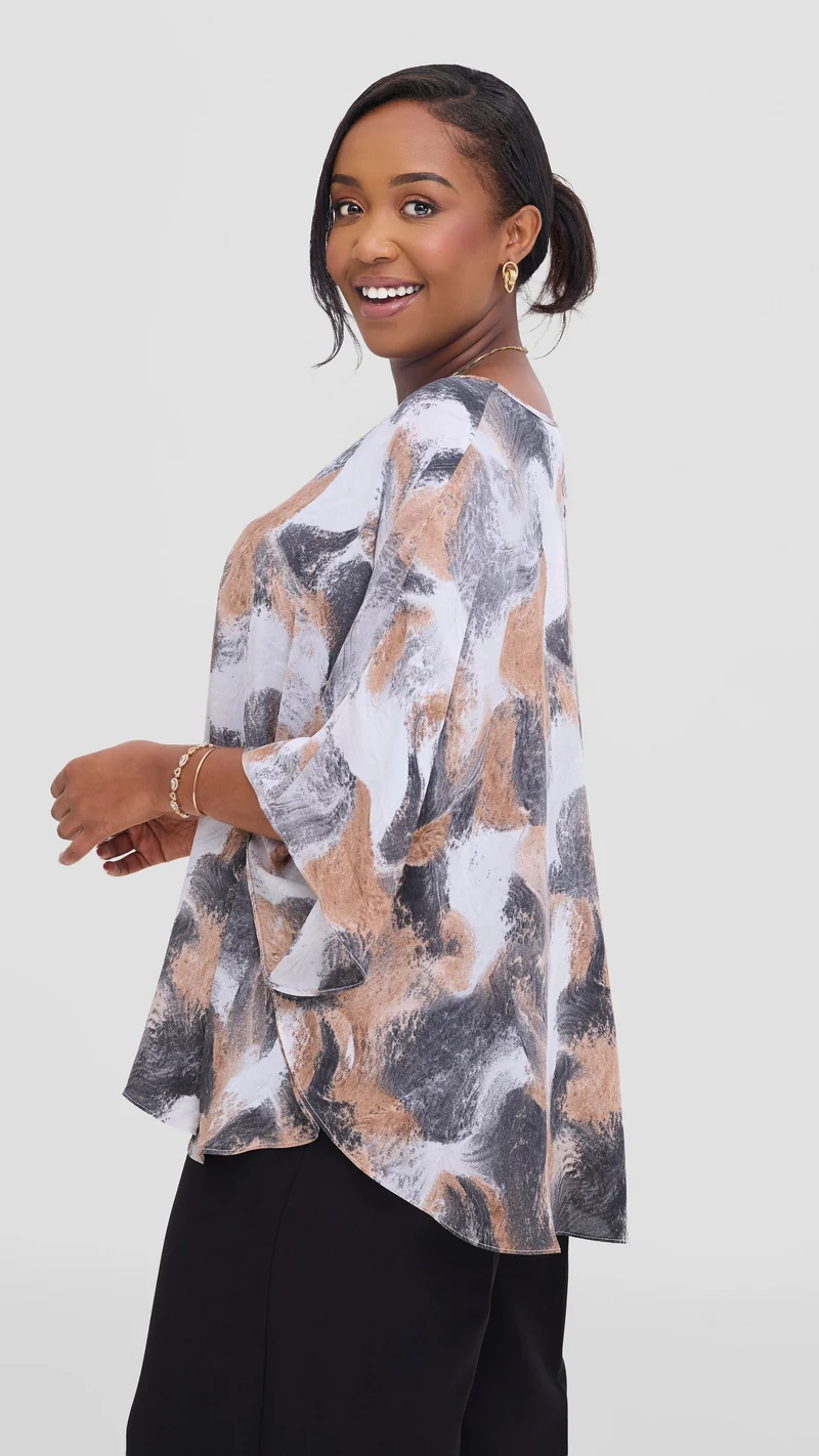 Vivo Sakari Circular Loose Top in Chiffon - Brown / Grey Textured Print