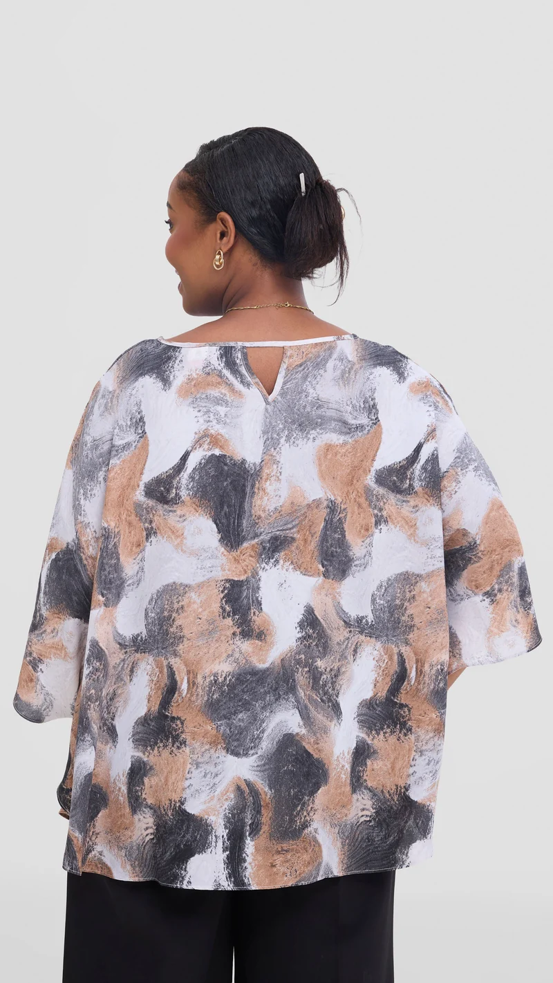 Vivo Sakari Circular Loose Top in Chiffon - Brown / Grey Textured Print
