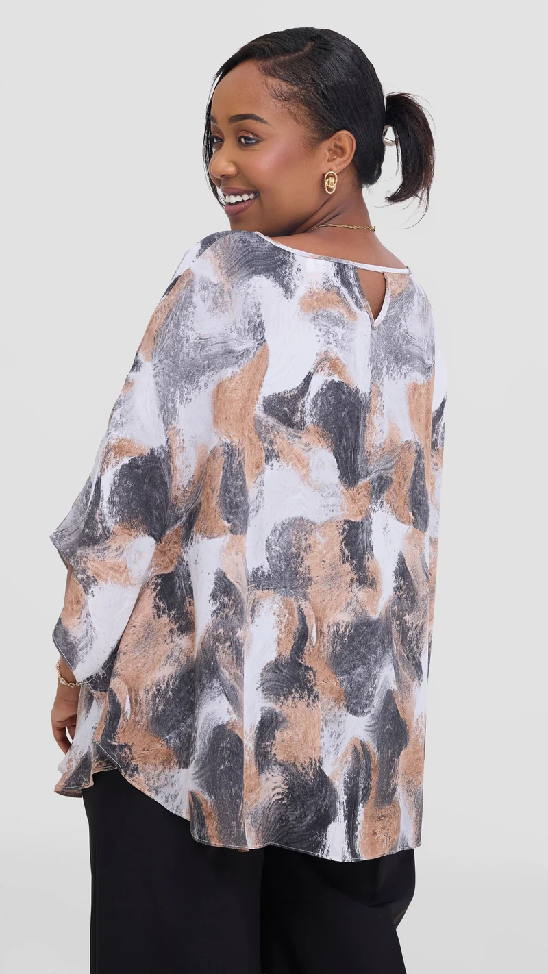 Vivo Sakari Circular Loose Top in Chiffon - Brown / Grey Textured Print