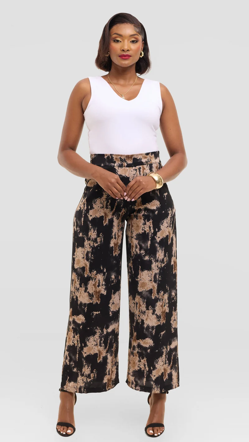 Vivo Straight Leg Pants in Crepe - Black / Brown Abstract Print