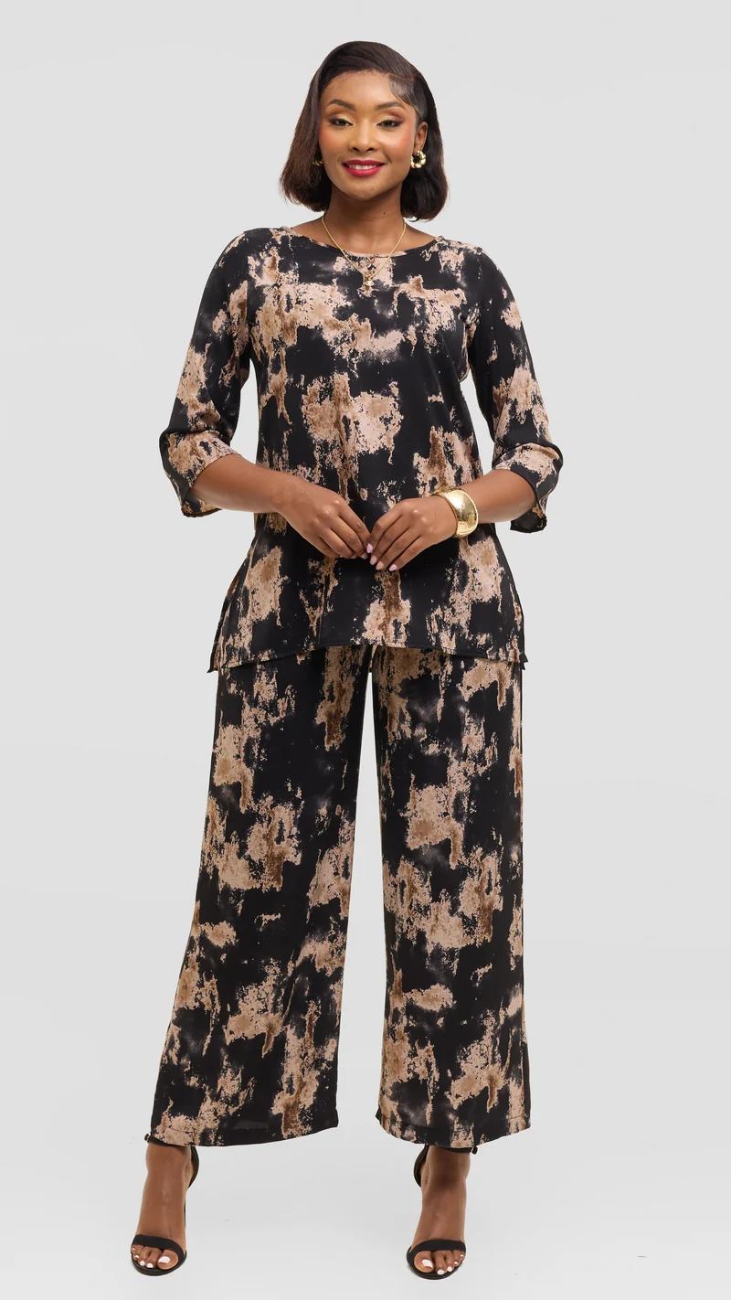 Vivo Straight Leg Pants in Crepe - Black / Brown Abstract Print