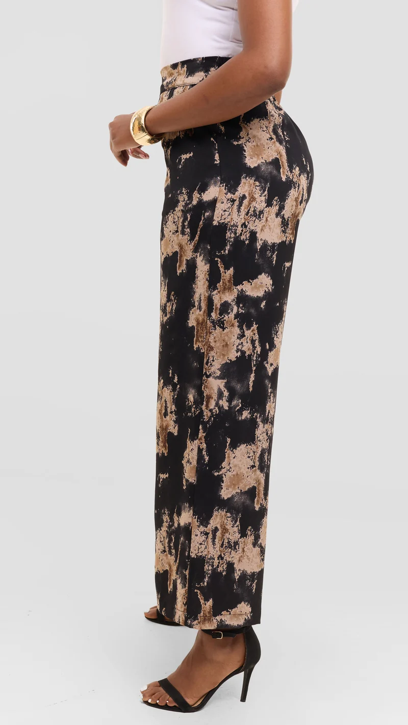 Vivo Straight Leg Pants in Crepe - Black / Brown Abstract Print